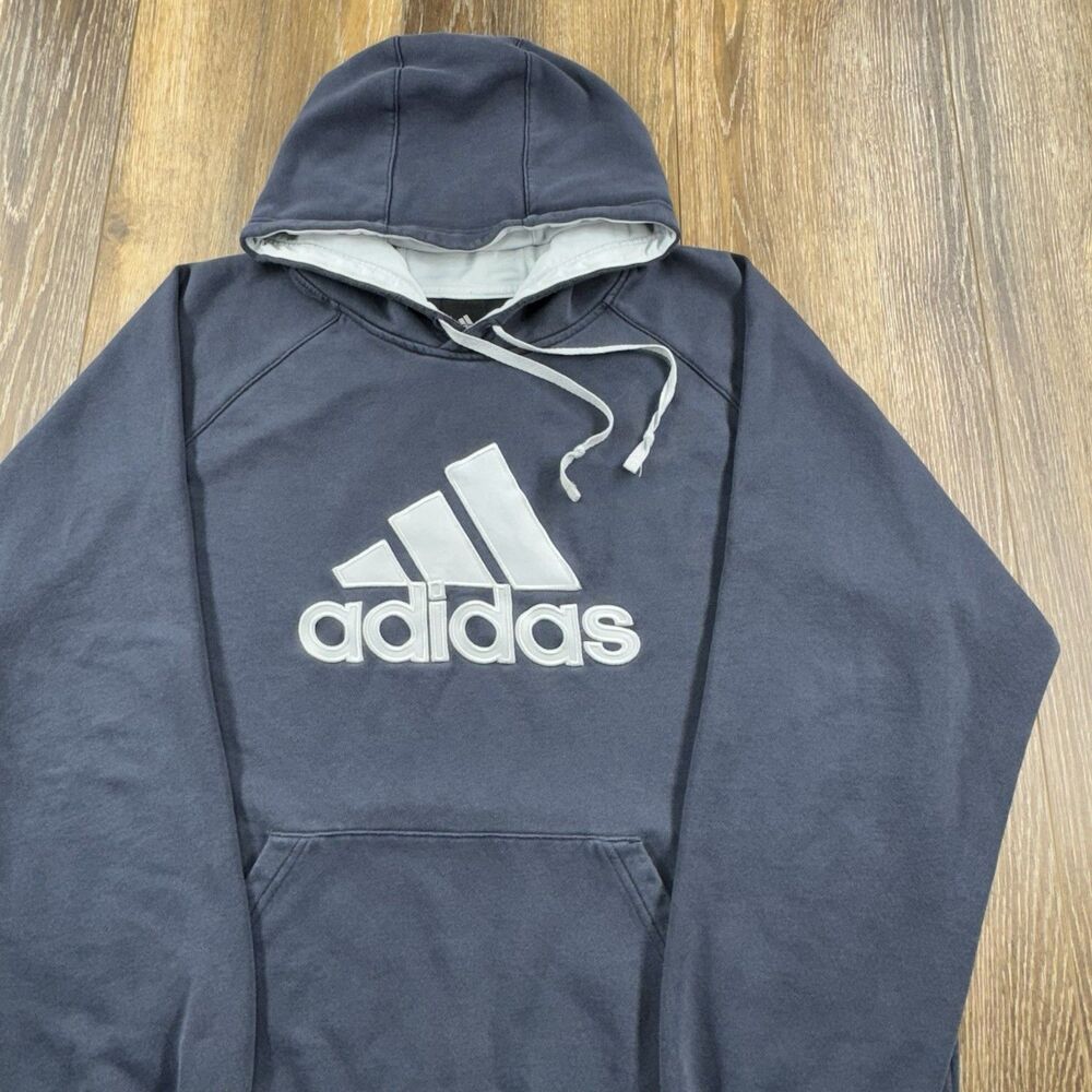 Vintage Adidas Hoodie Mens XL Blue Sweatshirt Big Spellout Chest Logo Sweater